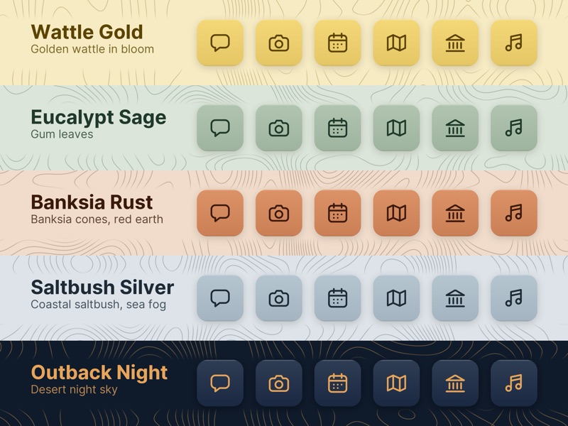 The same six icons in each of the five colourways: Wattle Gold, Eucalypt Sage, Banksia Rust, Saltbush Silver and Outback Night