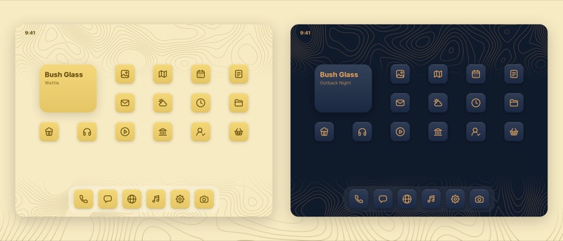 Two iPad Home Screens with Bush Glass icons and matching wallpapers, one in Wattle Gold and one in Outback Night
