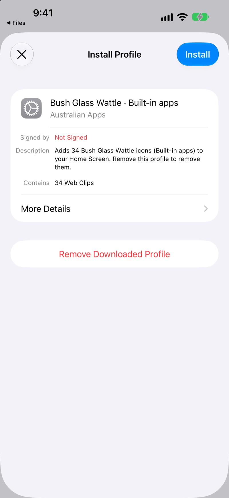 The Install Profile screen: Bush Glass Wattle · Built-in apps from Australian Apps, Not Signed, 34 Web Clips