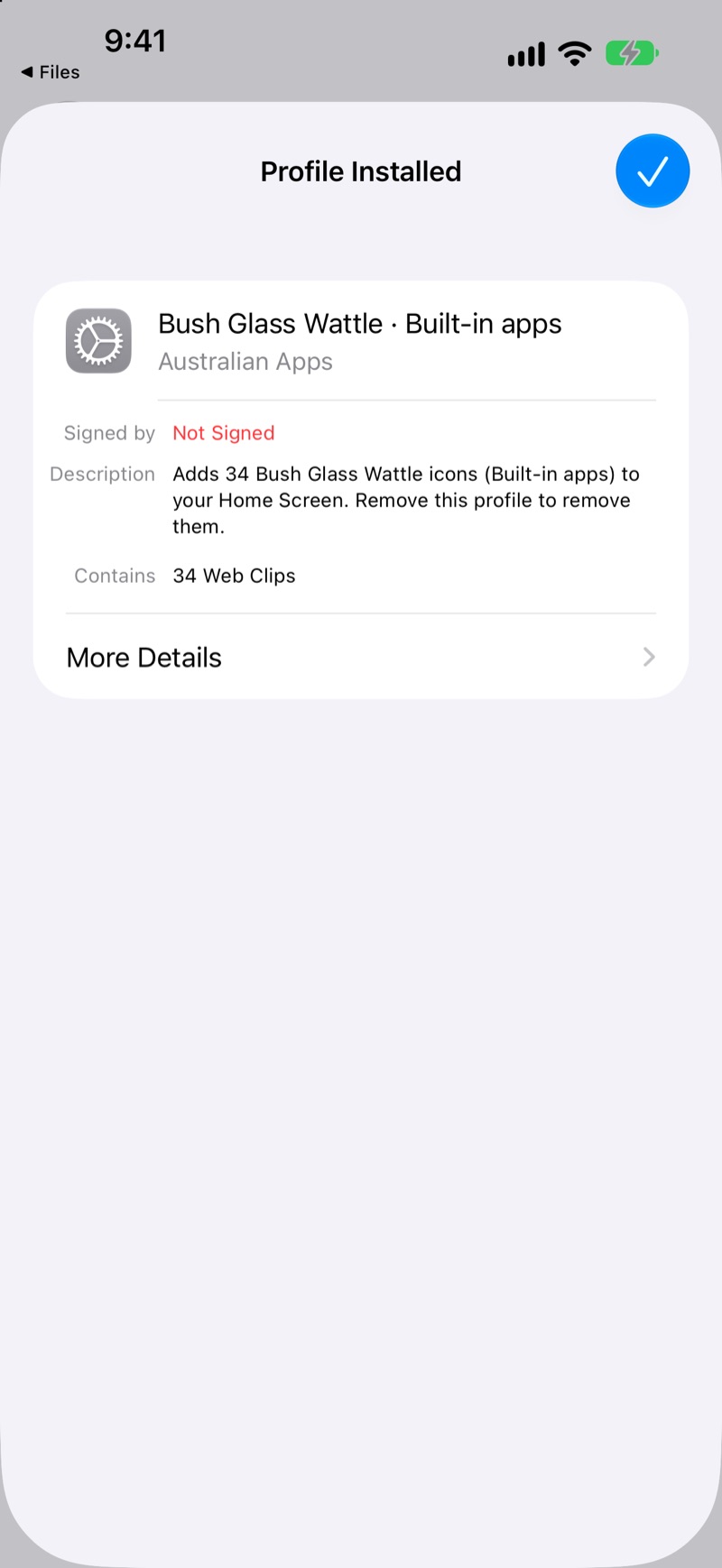Profile Installed: Bush Glass Wattle · Built-in apps