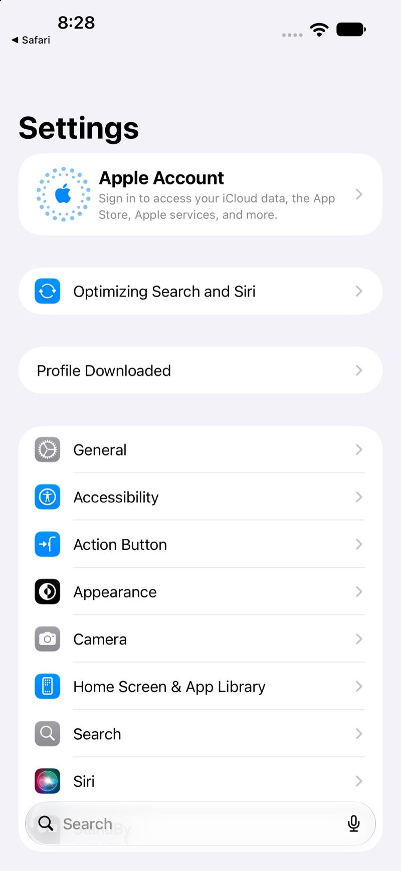 Settings, with Profile Downloaded near the top