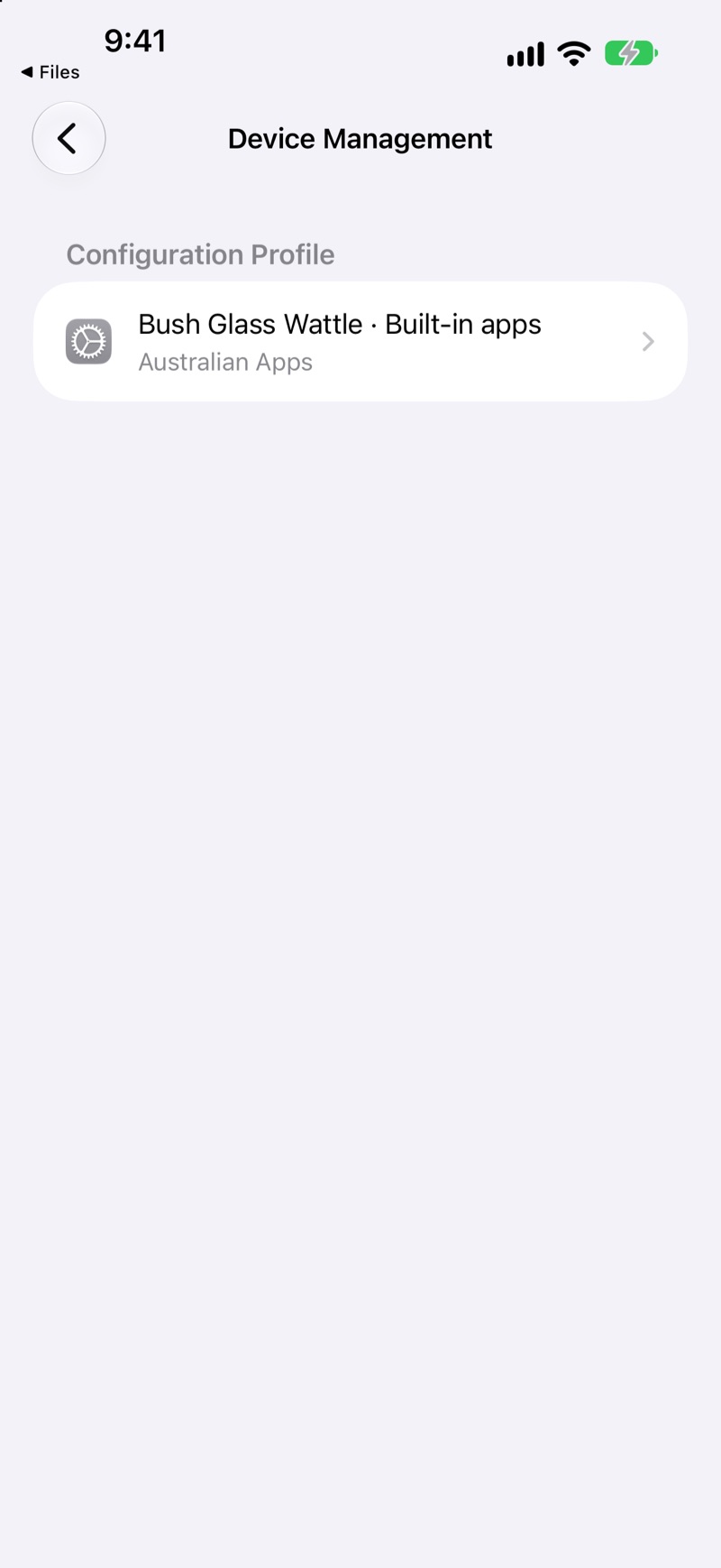Device Management, listing the profile Bush Glass Wattle · Built-in apps