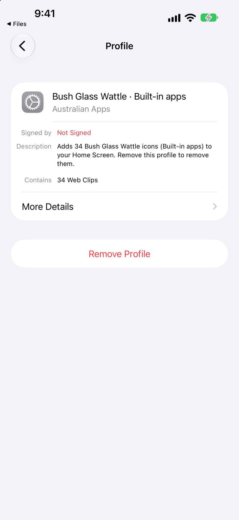 The profile's page, with Remove Profile at the bottom