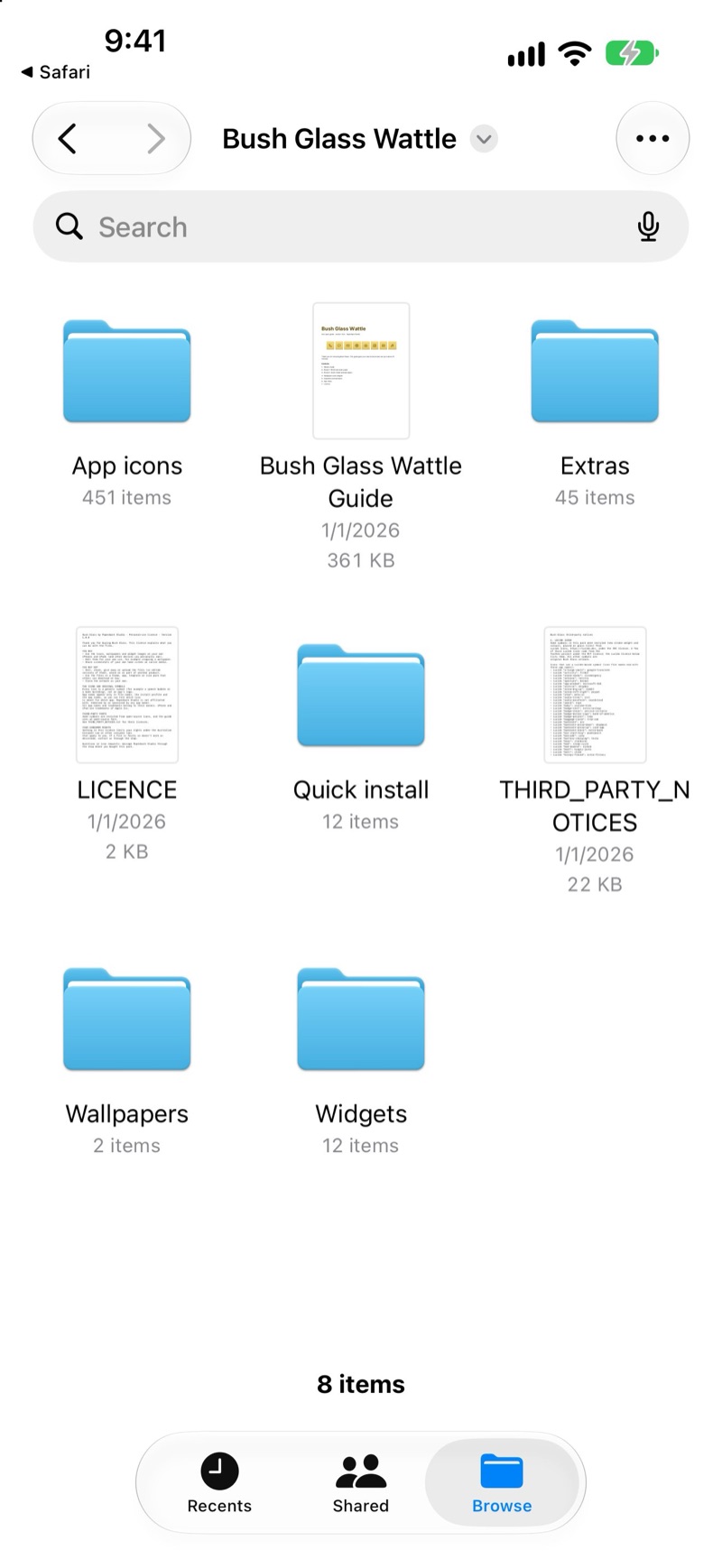 The unzipped Bush Glass Wattle folder: App icons, Extras, Quick install, Wallpapers, Widgets, the guide and the licence