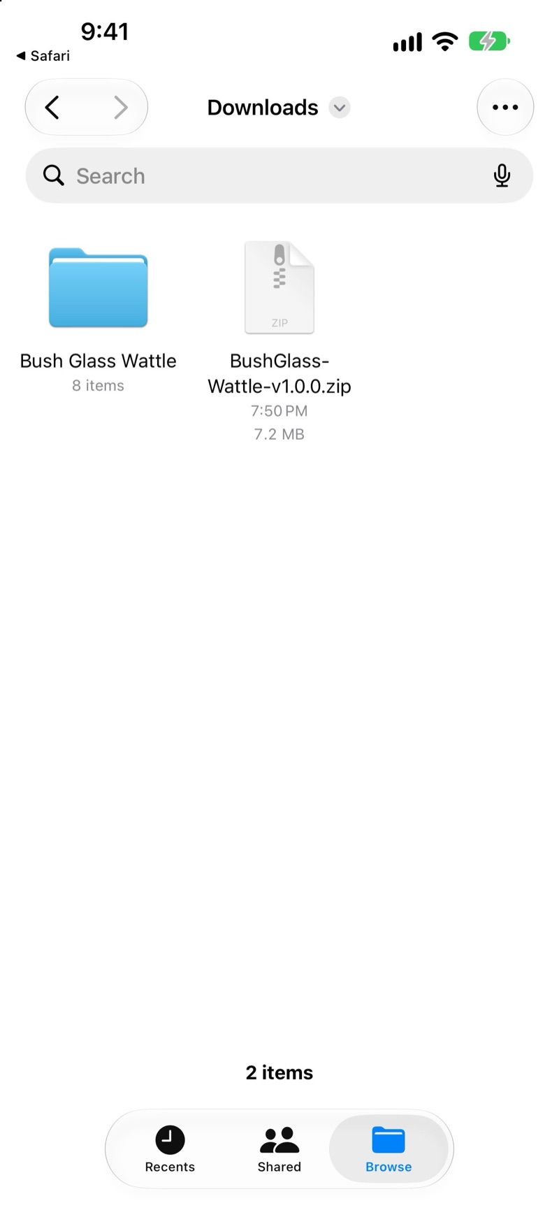 The Files app's Downloads folder with the Bush Glass Wattle ZIP and the unzipped Bush Glass Wattle folder
