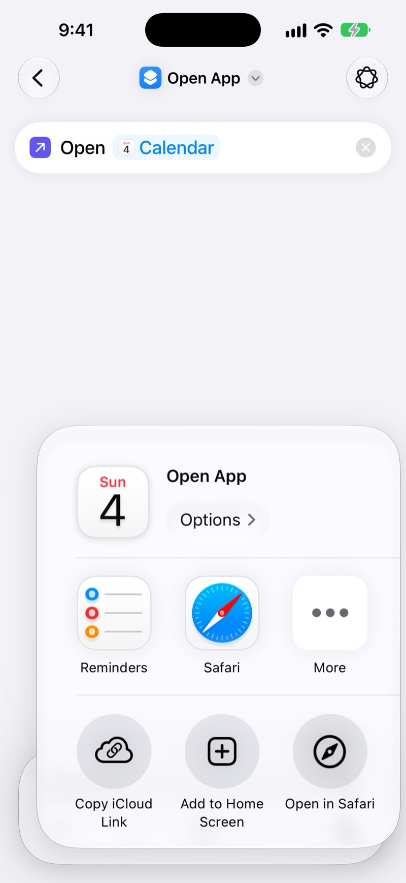 The share sheet for the shortcut, with Add to Home Screen