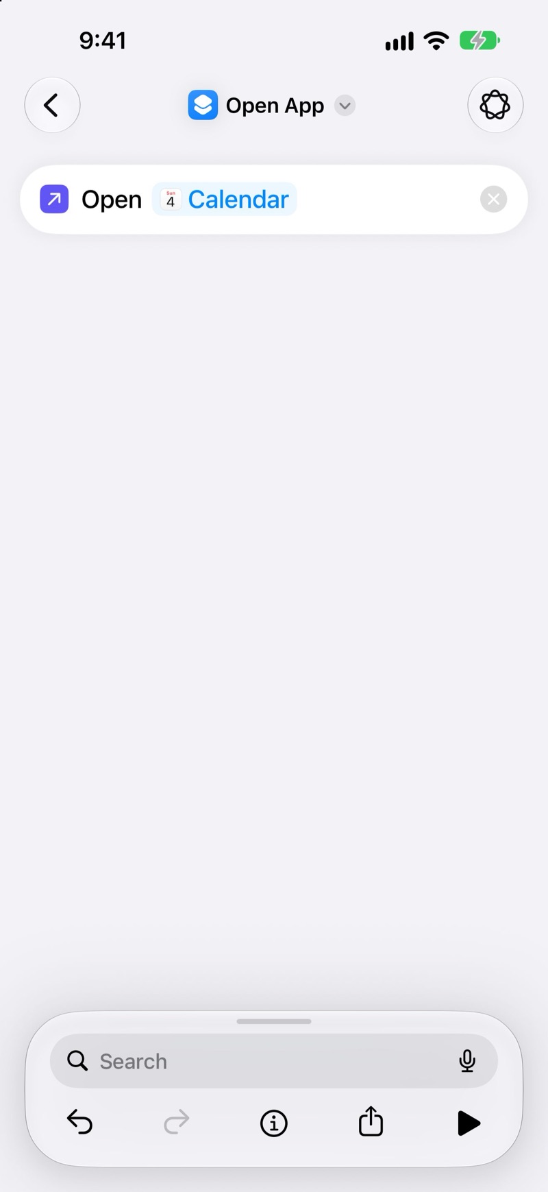 The shortcut's action now reads Open Calendar