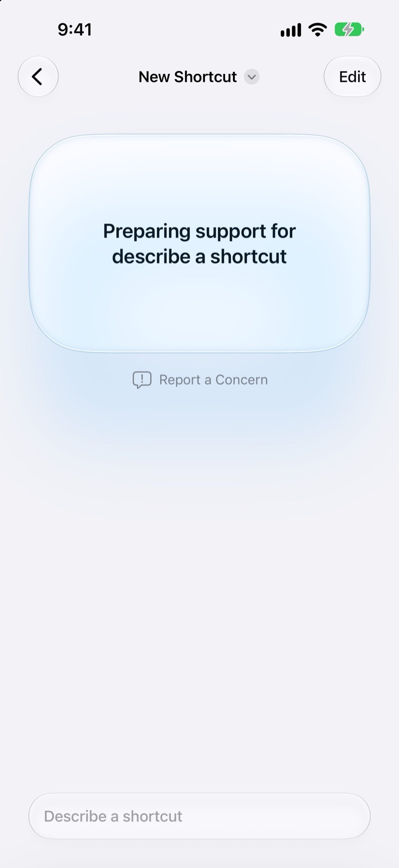 A new shortcut, with Edit at the top right and a box to describe a shortcut at the bottom