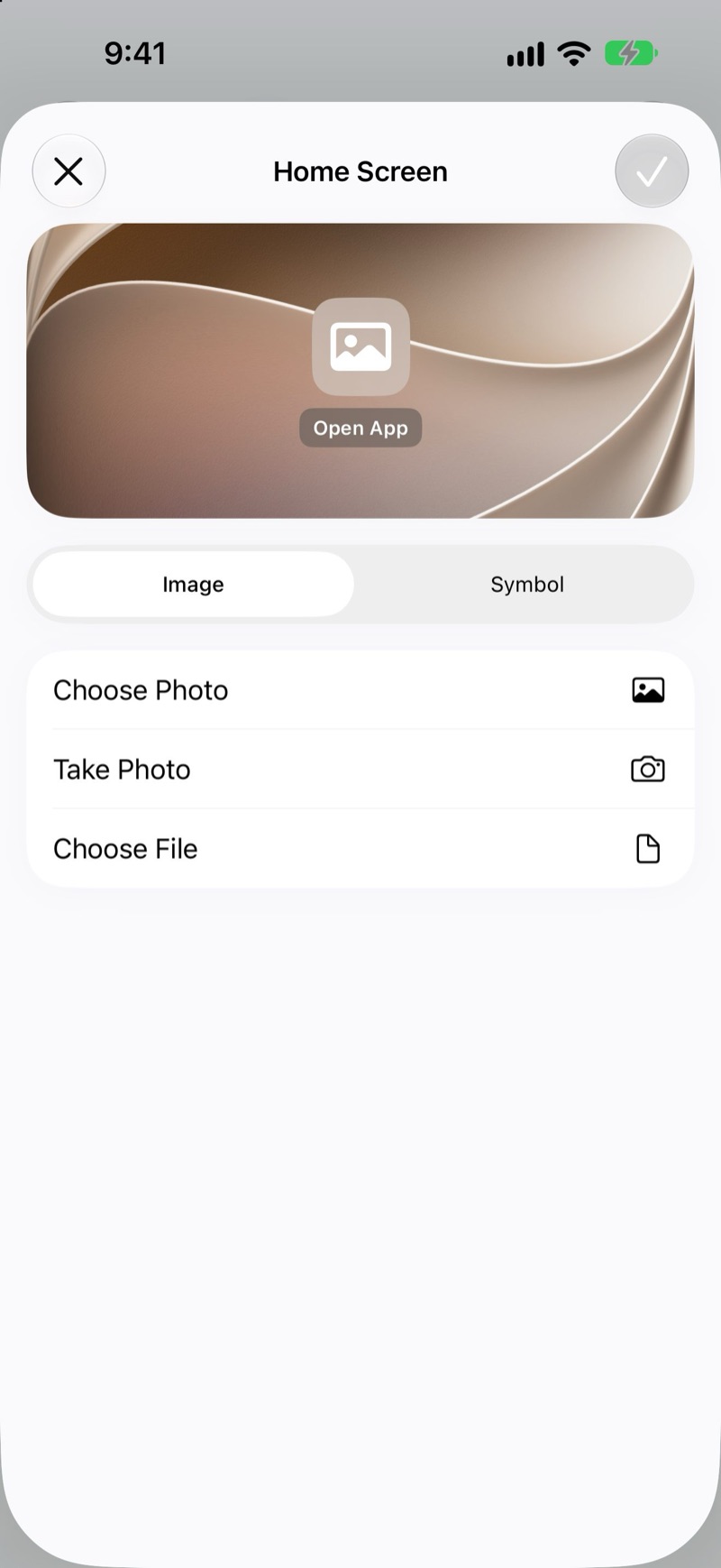 The Home Screen sheet with the Image tab open: Choose Photo, Take Photo and Choose File