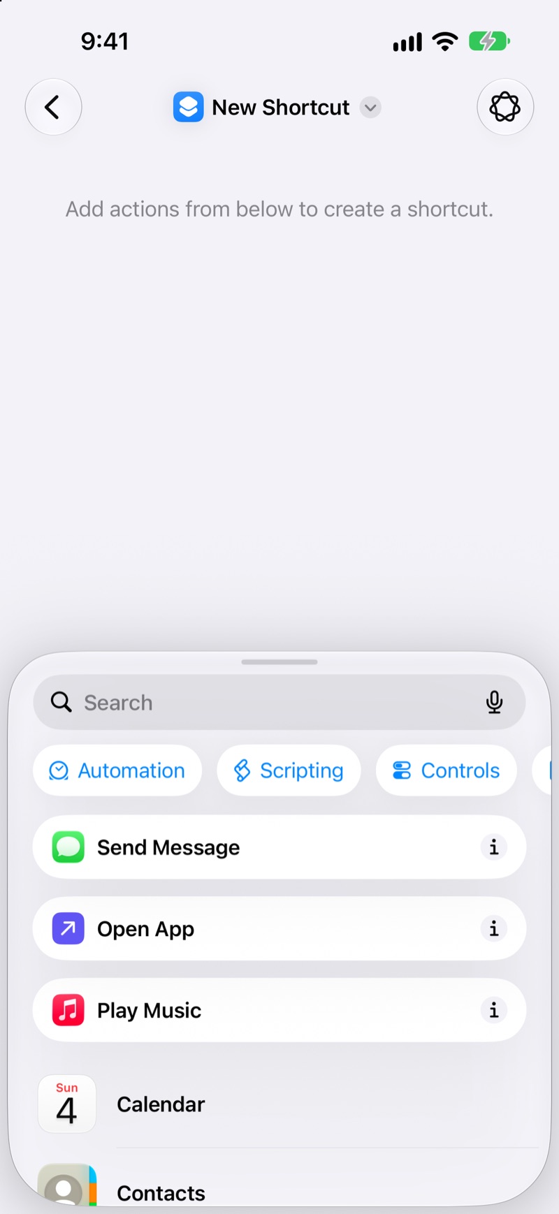 The list of actions, with Open App near the top