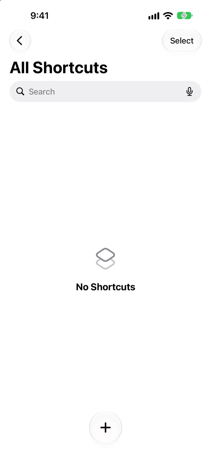 The Shortcuts app's All Shortcuts screen, with the + button at the bottom