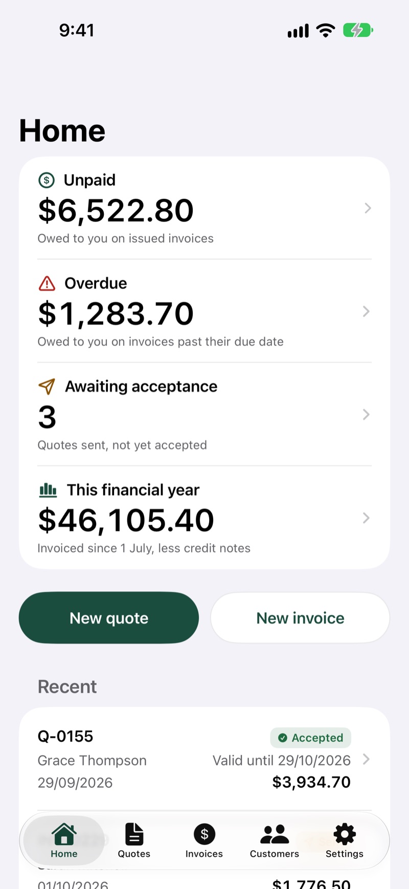 Quotemate's Home screen with unpaid, overdue and this financial year's totals