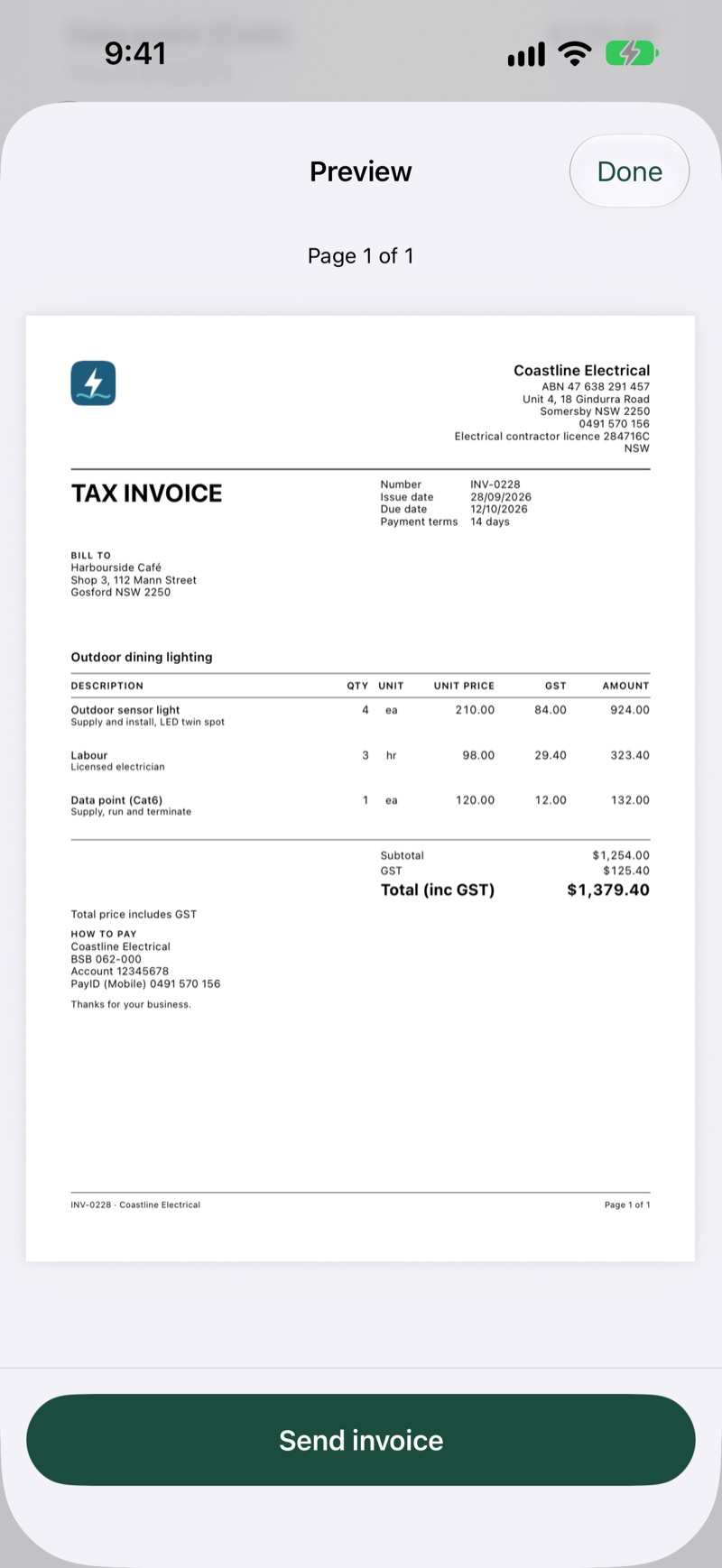 A tax invoice PDF with a GST column and the GST total