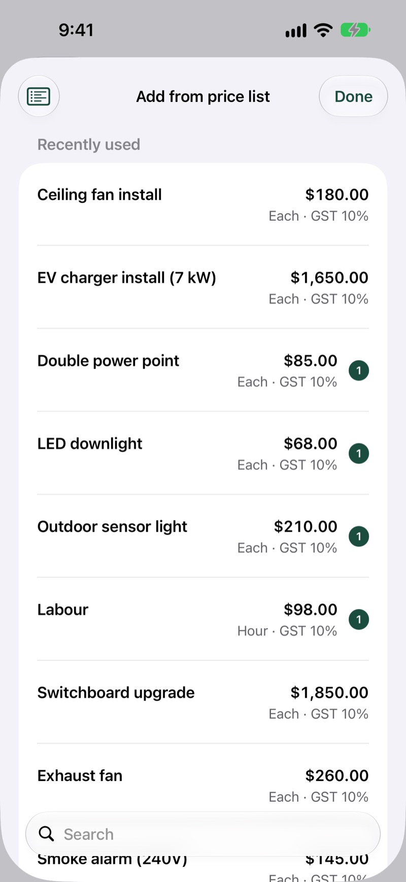 Adding jobs and materials from the price list to a quote