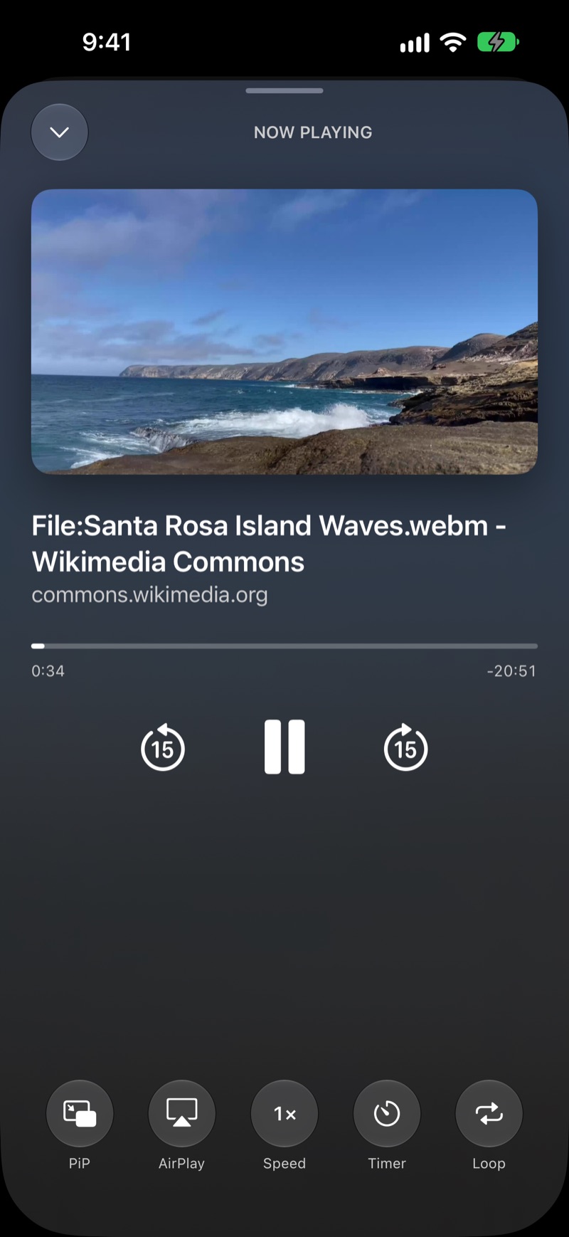 The Now Playing screen with artwork, scrubber, skip, play and pause, and buttons for PiP, AirPlay, Speed, Timer and Loop